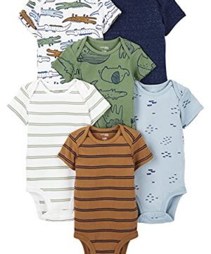 Simple Joys by Carter's Baby Boys' Short-Sleeve Bodysuit, Pack of 6, Multicolor/Alligator/Forest Animals/Stripe, 3-6 Months