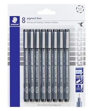 STAEDTLER Pigment Liner Pack, Black, 8 Pens, Assorted Line Widths, 0.05mm, 0.1mm, 0.2mm, 0.3mm, 0.5mm, 0.8mm, 1.0mm, 1.2mm