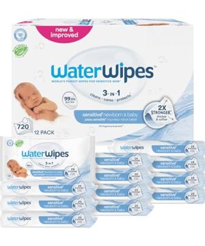 WaterWipes Sensitive+ Newborn & Baby Wipes, 3-In-1 Cleans, Cares, Protects, 99.9% Water, Unscented & Hypoallergenic, 720 Count (12 Packs)