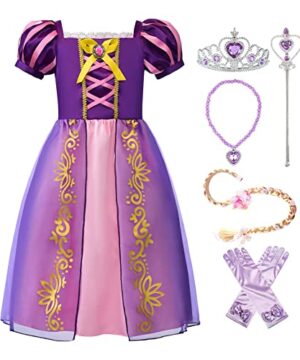 ReliBeauty Girls Dress Puff Sleeve Princess Costume, 6-7, Purple(with Accessories)