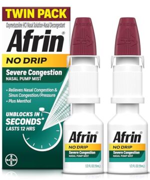Afrin No Drip Severe Congestion Nasal Mist Twin Pack, Non-Drowsy, Fast-Acting Decongestant for Nasal Congestion and Sinus Pressure Relief, Adults and Children 6 and Older, .5 fl oz (Pack of 2)