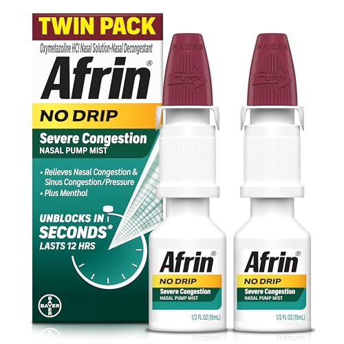 Afrin No Drip Severe Congestion Nasal Mist Twin Pack, Non-Drowsy, Fast-Acting Decongestant for Nasal Congestion and Sinus Pressure Relief, Adults and Children 6 and Older, .5 fl oz (Pack of 2)