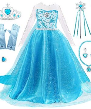 FUNPARTY Princess Costumes Dress Up for Little Girls with Wig,Crown,Mace,Gloves Accessories Age of 3-12 Years (Blue, 5-6Years)