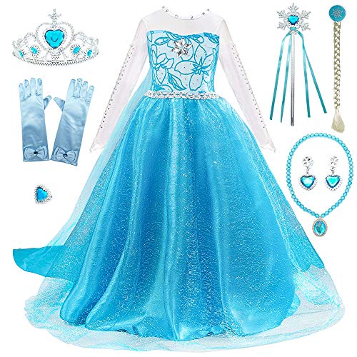 FUNPARTY Princess Costumes Dress Up for Little Girls with Wig,Crown,Mace,Gloves Accessories Age of 3-12 Years (Blue, 5-6Years)