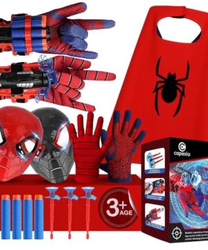 Superhero Web-Slinging Toy Set – 7-in-1 Superhero Set Includes 2 Web Shooters, 2 Hero Masks, 2 Gloves, and 1 Cape – Ideal for Indoor and Outdoor Costume Role-Playing, Imaginative Play for Kids Ages 3+