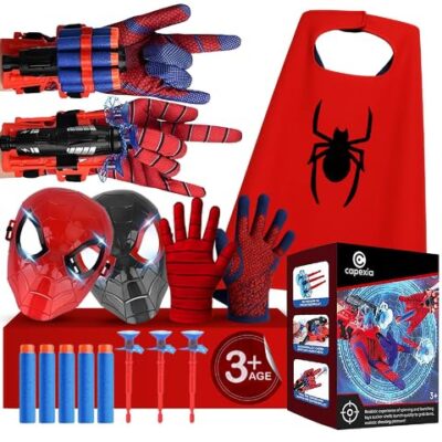 Superhero Web-Slinging Toy Set – 7-in-1 Superhero Set Includes 2 Web Shooters, 2 Hero Masks, 2 Gloves, and 1 Cape – Ideal for Indoor and Outdoor Costume Role-Playing, Imaginative Play for Kids Ages 3+