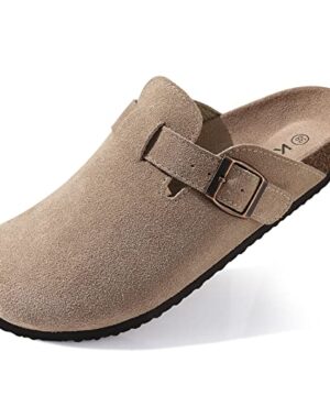 KIDMI Women's Genuine Suede Clogs Cork Footbed Sandals Leather Mules Potato Shoes with Arch Support Taupe 40 (Size 8.5)