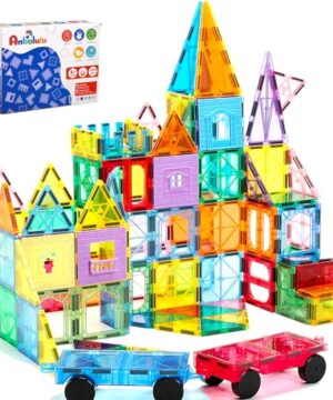 Anbalulu Magnetic Tiles 100PCS with 2 Cars, STEM Educational Building Blocks for Kids Ages 3-9, Magnet Construction Toys Gift for Toddlers
