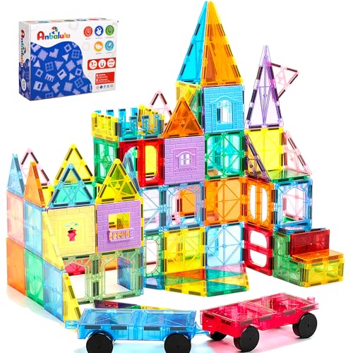 Anbalulu Magnetic Tiles 100PCS with 2 Cars, STEM Educational Building Blocks for Kids Ages 3-9, Magnet Construction Toys Gift for Toddlers