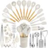 Kaluns 50 PCS Silicone Kitchen Utensils Set Complete Kitchen Set - 800°F Heat Resistant Non-Stick Premium Cooking Utensils W Wooden Handles - Can Opener, Masher, Turner, Silicone Spatula Set