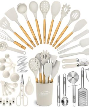 Kaluns 50 PCS Silicone Kitchen Utensils Set Complete Kitchen Set - 800°F Heat Resistant Non-Stick Premium Cooking Utensils W Wooden Handles - Can Opener, Masher, Turner, Silicone Spatula Set