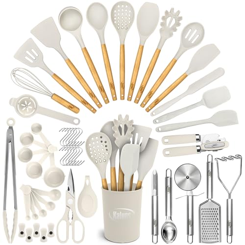 Kaluns 50 PCS Silicone Kitchen Utensils Set Complete Kitchen Set - 800°F Heat Resistant Non-Stick Premium Cooking Utensils W Wooden Handles - Can Opener, Masher, Turner, Silicone Spatula Set