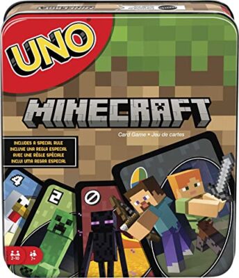 Mattel Games UNO Card Game, Gifts for Kids and Family Night, Themed to Minecraft Video Game, Travel Games, Storage Tin Box (Amazon Exclusive)