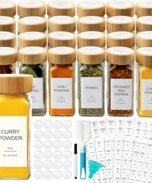 AISIPRIN Glass Spice Jars with 398 Labels, 24 pcs 4oz Spice Containers with Bamboo Lids, Square Spice Bottles With Shaker Lids,Spice Organization for Cabinet,Drawer,Rack,Seasoning Organizer