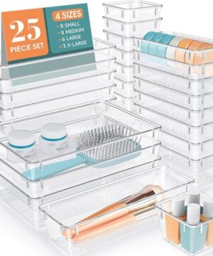 WOWBOX 25 PCS Clear Plastic Drawer Organizer Set, 4 Sizes Desk Drawer Divider Organizers and Storage Bins for Makeup, Jewelry, Gadgets for Kitchen, Bedroom, Bathroom, Office