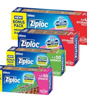 Ziploc Brand Storage Bags Variety Pack, 42ct Storage Gallon and 48ct Storage Quart with Stay Open Design, 50ct Sandwich and 50ct Snack with Grip N Seal Technology, 190ct Total