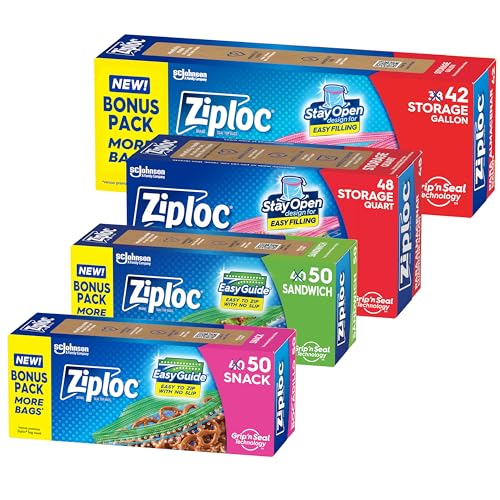 Ziploc Brand Storage Bags Variety Pack, 42ct Storage Gallon and 48ct Storage Quart with Stay Open Design, 50ct Sandwich and 50ct Snack with Grip N Seal Technology, 190ct Total