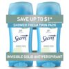Secret Antiperspirant and Deodorant for Women, 24hr Sweat & Odor Protection, PH Balanced Protection, Gentle on Skin, Invisible Solid, Shower Fresh Scent, 2.6 oz (Pack of 2)