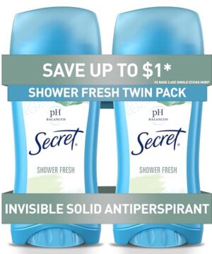 Secret Antiperspirant and Deodorant for Women, 24hr Sweat & Odor Protection, PH Balanced Protection, Gentle on Skin, Invisible Solid, Shower Fresh Scent, 2.6 oz (Pack of 2)