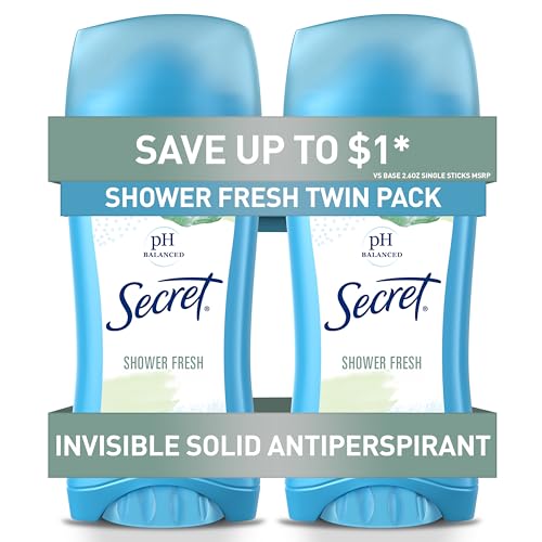Secret Antiperspirant and Deodorant for Women, 24hr Sweat & Odor Protection, PH Balanced Protection, Gentle on Skin, Invisible Solid, Shower Fresh Scent, 2.6 oz (Pack of 2)