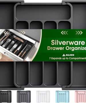 Aujen Silverware Organizer - Expandable Kitchen Drawer Organizer, Adjustable Utensil Organizer, Cutlery Tray for Forks, Knives, Multipurpose Kitchen Organizers and Storage Solution, Black, Medium
