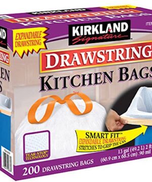 Kirkland Signature 13 Gallon 200 Ct Carton 100% recyclable Heavy Duty Drawstring Kitchen Trash Bags Garbage Bag,White