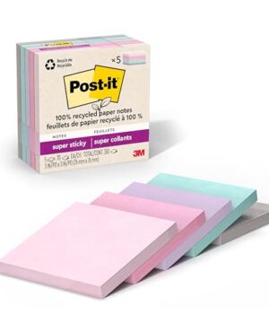 Post-it 100% Recycled Paper Super Sticky Notes, 2X The Sticking Power, 3x3 in, 5 Pads, 70 Sheets/Pad, Wanderlust Pastels Collection (654R-5SSNRP)
