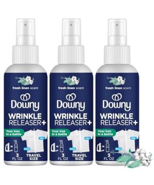 Downy Wrinkle Release Spray, Travel Size Spray, All In One Formula, Removes Wrinkles, Static and Odor Eliminator, Crisp Linen Scent, 3 Fl Oz, Pack of 3
