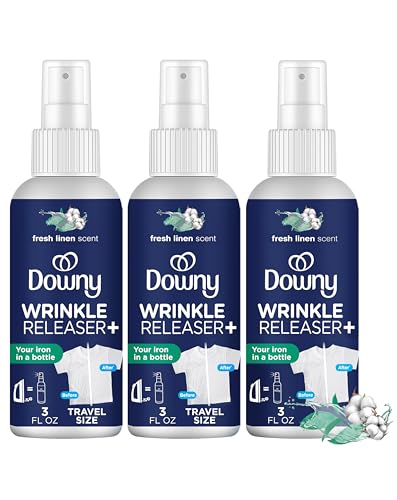 Downy Wrinkle Release Spray, Travel Size Spray, All In One Formula, Removes Wrinkles, Static and Odor Eliminator, Crisp Linen Scent, 3 Fl Oz, Pack of 3