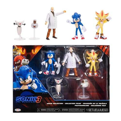 Sonic 3 Movie Action Figures 2.5-Inch Movie Collector Toy Figure Multi-Pack, Wave #3 Includes Sonic, Gerald Robotnik, Super S, Buzzbomber & Burrito Drone- Officially Licensed Toys