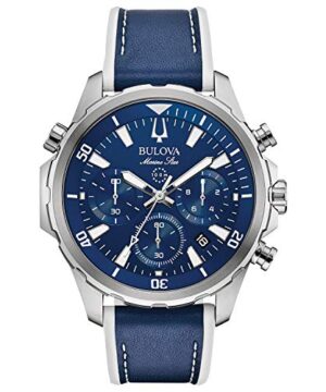 Bulova Men's Marine Star Series B Stainless Steel 6-Hand Chronograph Quartz Watch with Blue Leather and White Silicone Lining Strap, Blue Dial, 43mm Style: 96B287
