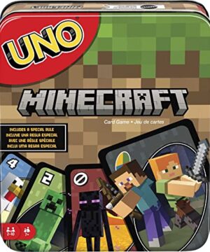 Mattel Games UNO Card Game, Gifts for Kids and Family Night, Themed to Minecraft Video Game, Travel Games, Storage Tin Box (Amazon Exclusive)
