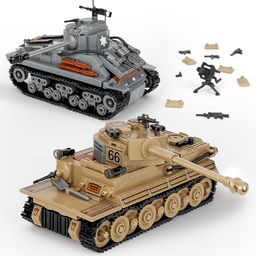 NEWABWN 2-in-1 Army Tank Toy Building Set, Includes German Tiger and American Sherman Models, Compatible with Lego Army Sets, Military Building Blocks Set for Kids 8-14 (1184 Pieces)