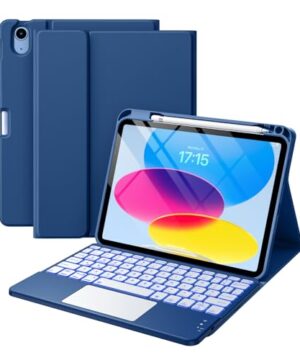 Harvopu Compatible for iPad 11th 10th Generation Case with Keyboard, Folio Cover with Pencil Holder, Multi-Touch Trackpad, 7 Color Backlit, Detachable Keyboard for iPad (A16) 11th/10th Gen (Navy Blue)