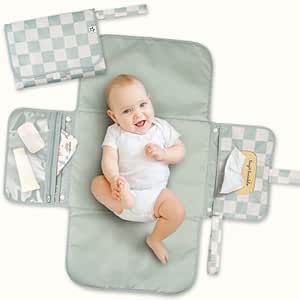 Tiny Twinkle Portable Diaper Changing Pad | Waterproof, Wipeable & Compact Baby Changing Pad for Travel | Smart Wipes Pocket & Organized Storage| Newborn Shower Gift (Sage Checkers)