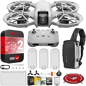 DJI Neo Drone Fly More Combo With 3 Batteries and RC-N3 Remote Bundle with 2 YR CPS Enhanced Protection Pack, Tech Smart USA Drone Essentials Plus Software Bundle, Landing Pad & Backpack