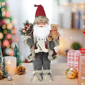 Surakey 18 in Santa Claus Decorations, Christmas Standing Figurine Ornaments with Bear & Gifts Bag and Socks for New Year, Santa Claus Christmas Figurine Figure Decoration, Belt Style