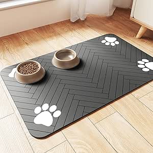 Pet Feeding Mat-Absorbent Pet Placemat for Food and Water Bowl, with Waterproof Rubber Backing, Quick Dry Water Dispenser Mat for Dog and Cat (20x12, Striped Dark Gray)