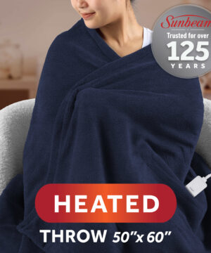 Sunbeam Electric Heated Throw Navy Blue Polar Fleece 4 Heat Settings Auto-Off 50x60