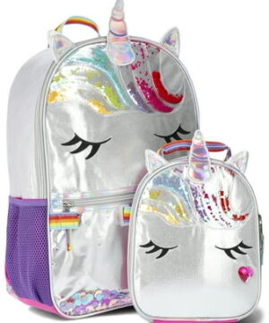 Wonder Nation Critters Mane Event Girls 17" Rainbow Unicorn Backpack and Lunch Bag 2-Piece Set, Silver