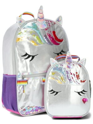 Wonder Nation Critters Mane Event Girls 17" Rainbow Unicorn Backpack and Lunch Bag 2-Piece Set, Silver