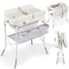 DZMDIP Baby Bathtub with Foldable Changing Table, Standing Infant Bath Tub for Newborn Toddler Shower, Portable Diaper Changing Station with Stand