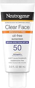 Neutrogena Clear Face Sunscreen Lotion for Acne-Prone Skin, Broad Spectrum SPF 50 Facial Sunscreen for Oily Skin, Oil-, Fragrance- & Oxybenzone-Free Water Resistant Sunscreen, 3 fl. oz