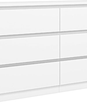 Vibe & Dine White Dresser 6 Drawer, Modern Double Dresser for Bedroom, Wood Chest of Drawers with Wide Storage for Living Room