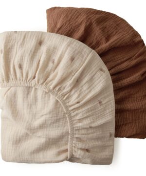 Blissful Diary Muslin Mini Crib Sheets, Pack and Play Mattress Sheets Fitted for Pack N Play, Soft Cotton for Boys Girls, 2 Pack(Sunshine&Brown)