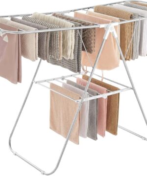 SONGMICS Clothes Drying Rack, with Sock Clips, Metal Laundry Rack, Foldable, Space-Saving, Free-Standing Airer, with 2 Height-Adjustable Gullwings, Indoor Outdoor Use, Silver and White ULLR052W01
