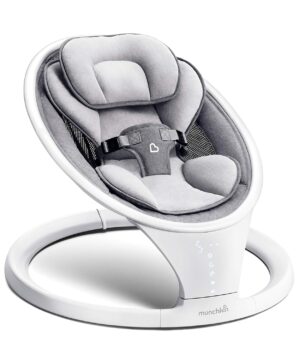 Munchkin Electric Baby Swing, Portable and Lightweight, Bluetooth Enabled Infant Rocker with Natural Sway in 5 Ranges of Motion, Newborn Nursery Essentials, White/Grey