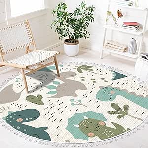 DNEWYNPABV Round Rugs Dinosaur Baby boy Childish Sweet Dino with Palm and Cactus Boho Area Rug Linen and Cotton Carpet Meditation Rug Washable Hallway Runner Mat Accent Rug for Bedroom Bathroom 4ft