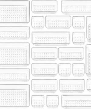 Vtopmart 25 PCS Clear Plastic Drawer Organizers Set, 4-Size Versatile Bathroom and Vanity Drawer Organizer Trays, Storage Bins for Makeup, Bedroom, Kitchen Gadgets Utensils and Office