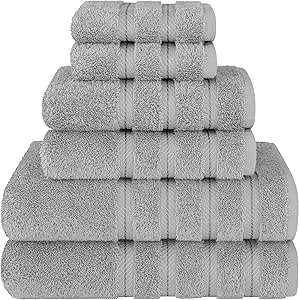 American Soft Linen Luxury 6 Piece Towel Set, 2 Bath Towels 2 Hand Towel 2 Washcloths, 600 GSM 100% Cotton Turkish Towels for Bathroom, Light Grey Towel Sets